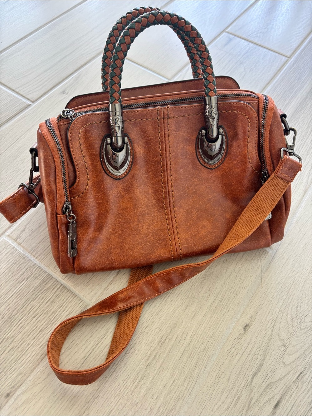 Classic Brown Leather Satchel with Braided Top Handles